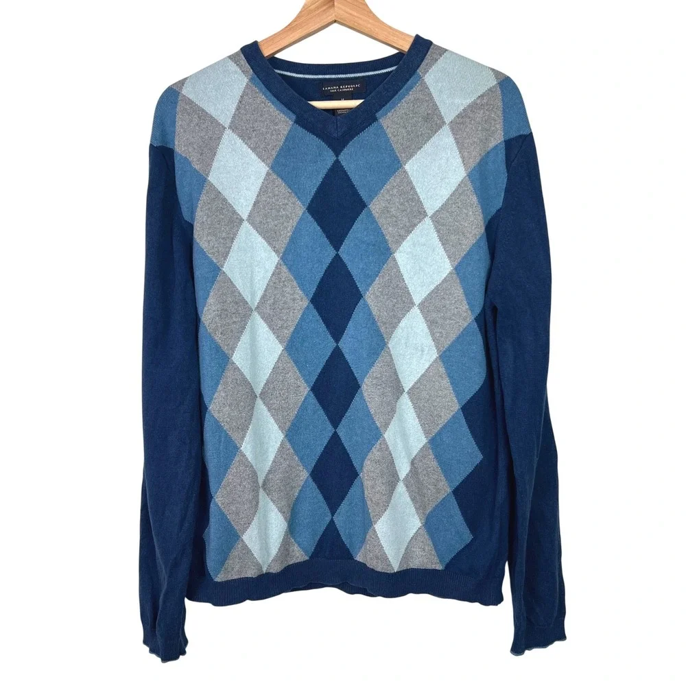 Banana Republic Mens Blue Argyle Silk Cashmere V-Neck Sweater Elbow Patches M